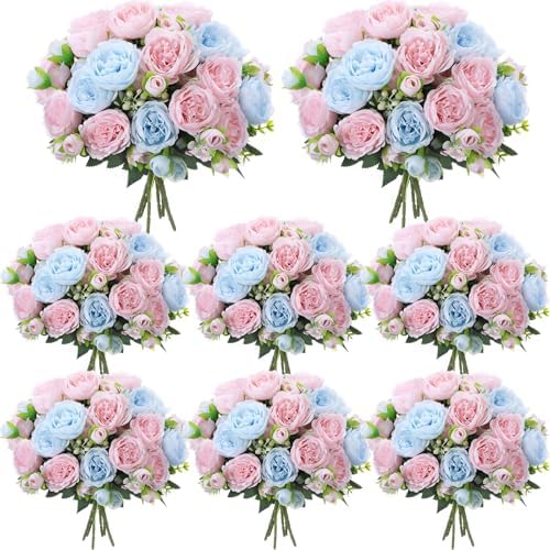 Geosar 8 Bundles Artificial Peonies Flowers,Light Pink, Light Blue by Geosar