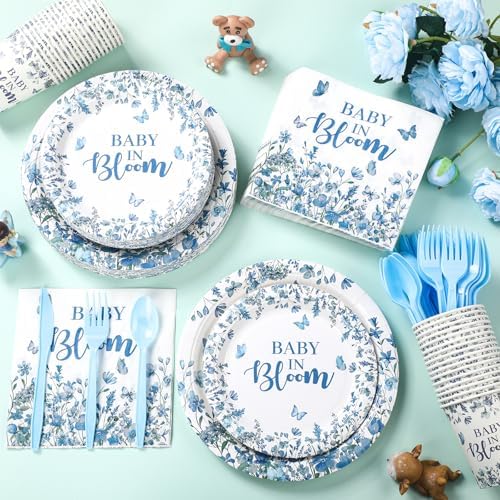 Yungyan 252 Pcs Baby in Bloom Blue Floral Baby Shower Party Tableware Set Included Plates Napkins Cups Forks Knives Cutlery for Party Decorations Supplies 36 Guests - Image 3