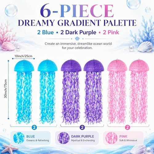 6-Pack Jellyfish Paper Lanterns, Under the Sea Party Decorations - Image 2