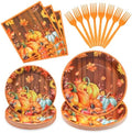 96 Pieces Thanksgiving Pumpkin Tableware Set Party Supplies - Rustic Wood Grain Disposable Dinnerware with Paper Plates, Napkins, Forks for Fall Harvest, Friendsgiving, and Thanksgiving Dinner by GistomeHome
