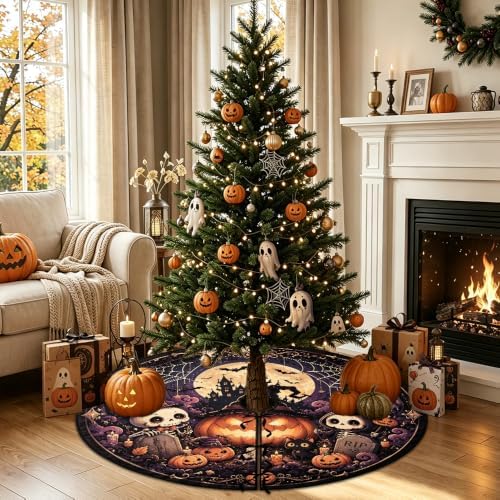 48 Inch Halloween Tree Skirt Pumpkin Ghost Skull Spooky Carpet Mat Decor - Image 4