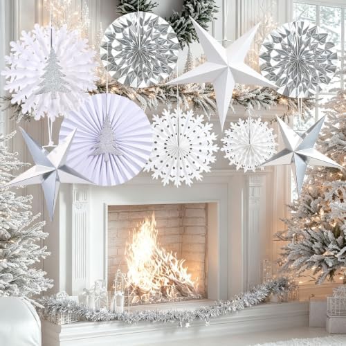 Christmas Snowflake Decorations, White Paper Snowflakes Hanging Decor, Winter Wonderland Snowflake Paper Fans, Silver Paper Stars, Tinsel Garland for Xmas Wall Backdrop Frozen Birthday Party Supplies - Image 4