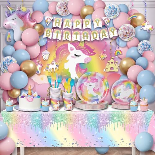 Unicorn Birthday Decorations for Girls, Unicorn Party Supplies Kit, All in One Birthday Decor Set,Party with 12 Tableware Sets, Banner, Backdrop, Ballons, Paper Plates by PartySpot%EF%BC%81