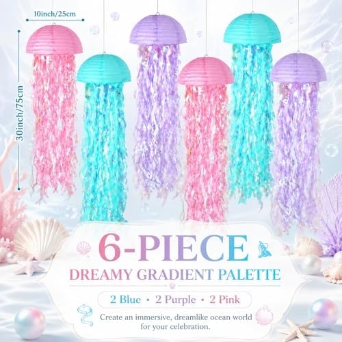 6-Pack Jellyfish Paper Lanterns, Mermaid Birthday Party Decorations - Image 2