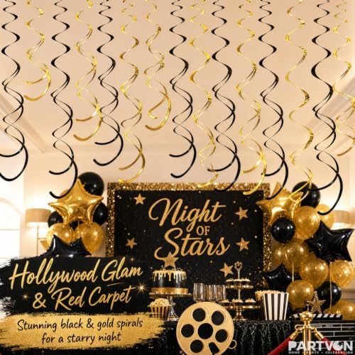 32 PCS Gold Black Hanging Swirl Decorations, Sparkle Ceiling Swirls with Plastic Streamers for Graduation, Casino Night, Black Tie, New Year, Milestone Birthday, Retirement Party - Image 6