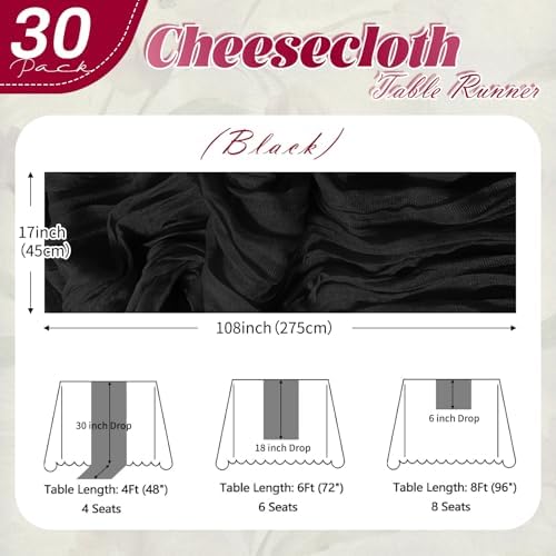 30 Pack Black Cheesecloth Table Runner 17 x 108 inch Cheese Cloth Table Runners 9ft Black Table Runner Rustic Romantic Sheer Gauze Runner for Wedding Party Baby Shower Table Decoration - Image 2