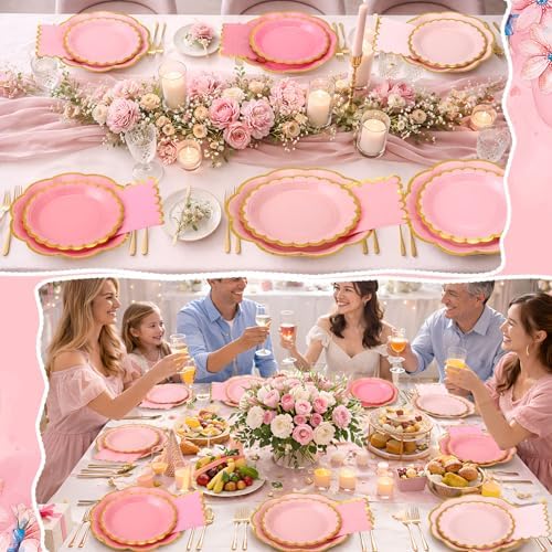 108 Pcs 36 Guests Pink Paper Plates and Napkins Party Supplies - Image 6