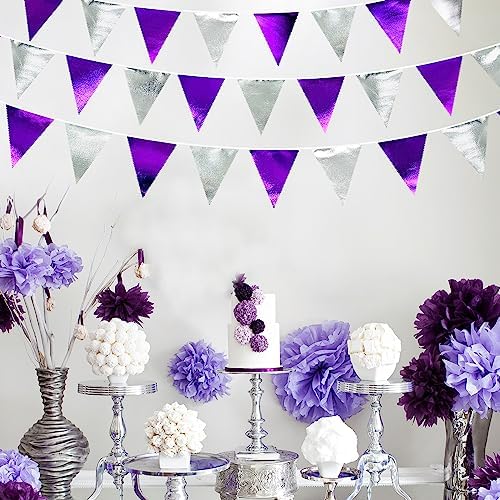 Purple and Silver Party Decorations Triangle Pennant Banner Flag Metallic Fabric Bunting Garland for Birthday Graduation Retirement Bachelorette Wedding Bridal Shower Engagement Disco Party Supplies - Image 5