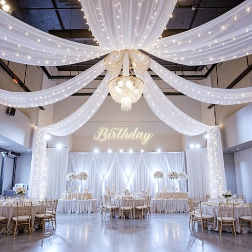 12 Panels White Ceiling Curtains with Lights for Weddings - 5ftx10ft Wrinkle-Free Tulle Fabric Wedding Arch Draping Fabric Ceiling Decorations for Wedding Party Ceremony Stage Tent Event - Image 2