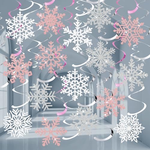 Snowflake Decorations, Christmas Hanging Decor, Pink White Silver, 30-Pc by OuMuaMua
