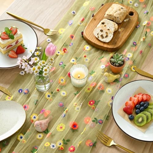 Artoid Mode Green Embroidery Daisy Gauze Table Runner 59x120 Inch 10FT - Image 3