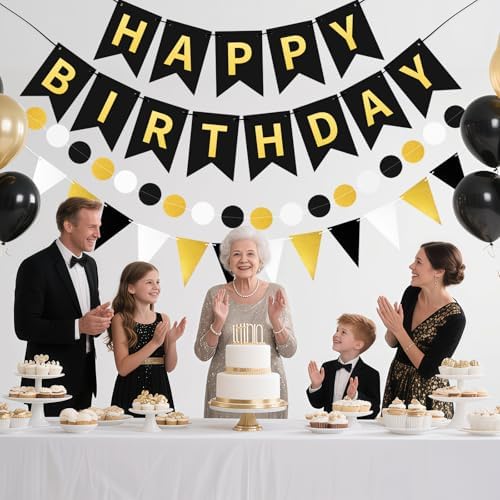 Black Gold Happy Birthday Banner Hanging Sign Circle Dot Triangle Bunting - Image 4