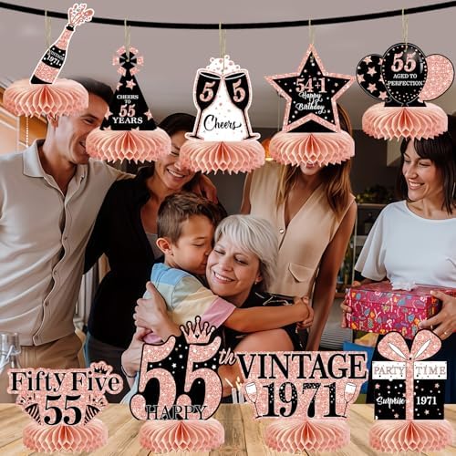 9Pcs 55th Birthday Decorations Honeycomb Centerpieces for Women, Rose Gold Pink Happy 55th Birthday Centerpieces Tables Toppers Party Decorations Supplies, Vintage 1971 Aged Table Sign Decor - Image 6
