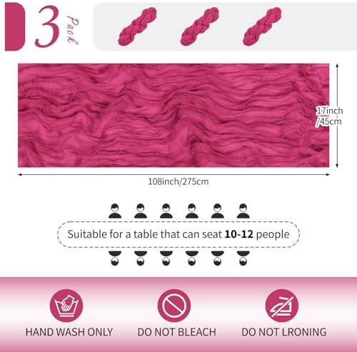 3 Pack Hot Pink Cheesecloth Table Runner 17x108 Inch Semi Sheer Boho Gauze Cheese Cloth Fabric Table Runners Table Decor for Wedding Party Baby Shower Birthday Home Decor Garden Farmhouse - Image 2