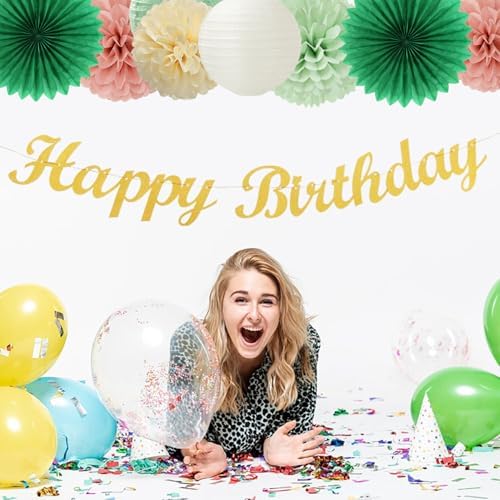 Olive Sage-Green Beige Happy-Birthday Party-Decorations - 31pcs Women Girls Adults Paper Lanterns Streamers Banner,Tissue Pom Poms Decor,Flower Fans Tassels Graland Boho Neutral Supplies Hugmoon - Image 6