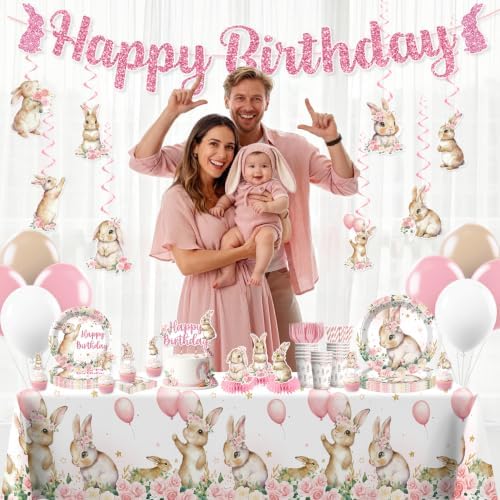 Xynic 205pcs Bunny Birthday Decorations Complete Tableware Set, 25 Guests - Image 7