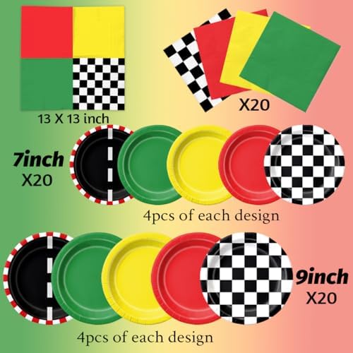 CMUSKO Race Car Birthday Party Decorations - 60Pcs Traffic Light Plates & Napkins Kit Road Checkered Flag Tableware for Boy Party Supplies - Image 4