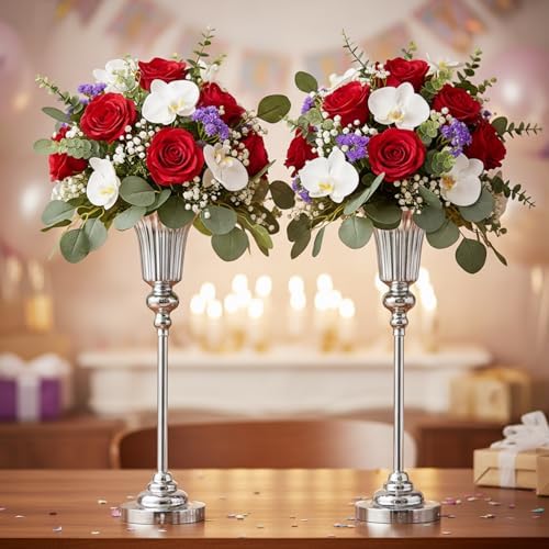 22.5inch Versatile Metal Wedding Centerpiece Vases - Set of 2 Tall Silver Trumpet Vases, Elegant Silver Centerpiece Stands for Road Leading Wedding Reception Party Event Anniversary Home Decor - Image 6