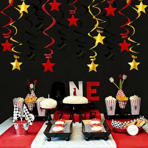 Red Black Gold Star Hanging Swirl Decorations - 30 Pcs Metallic Ceiling Swirls with Foil Stars, Plastic Streamers for Graduation, Casino Las Vegas Night, Movie Theme, Mouse Birthday Party Supplies - Image 7