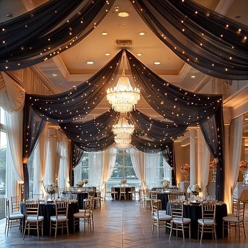 6 Panels Black Ceiling Curtains with Lights for Weddings, 5ftx10ft Wrinkle-Free Tulle Fabric Wedding Arch Draping Ceiling Drapes Decorations for Wedding Party Ceremony Stage Tent Event - Image 5