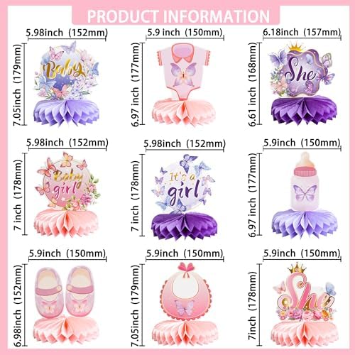 Gyufise 9Pcs Butterfly Baby Shower Decorations Girl Honeycomb Table Centerpieces It's a Girl Table Toppers for Gender Reveal Birthday Party Decor Pink Purple - Image 2