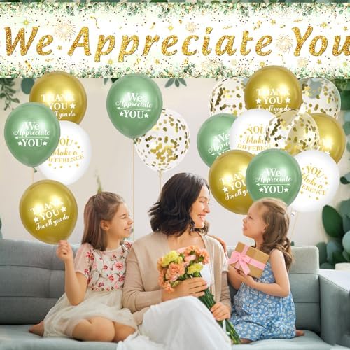 We Appreciate You Decorations Sage Green Appreciate You Banner Yard Sign with 18 Pcs Balloons Thank You for All You Do Banner Employee Staff Gifts Teacher Eucalyptus Leaves Appreciation Party Decor - Image 3