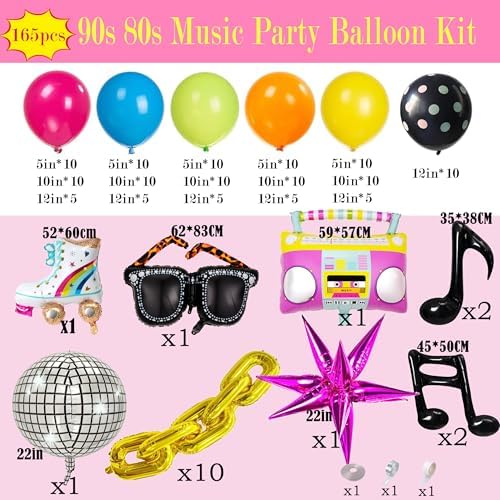90s 80s Disco Theme Party Decorations, 171Pcs Balloon Arch Kit with Retro Disco Ball Radio Glasses Roller Skate Musical Note Chain Star Foil Balloons for Back to 90s 80s Hip Hop Birthday Supplies - Image 4