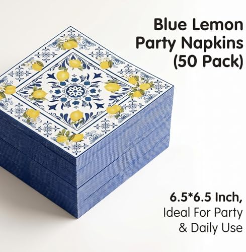 50PCS Tiles Lemons Napkins 13 x 13 Inches, Blue Yellow Citrus Decorative Paper Napkins Luncheon Dessert Cocktail Napkins Disposable for Spring Summer Picnic Wedding Birthday Decorations (Lemon) - Image 4