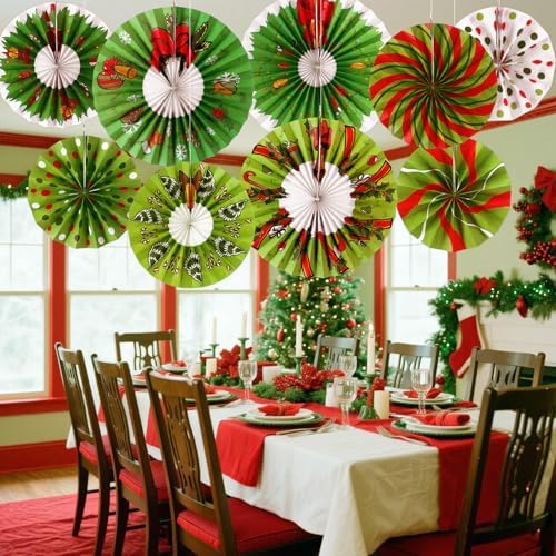 Outus 9 Pcs Christmas Candy Peppermint Paper Fans Red Green Party Decor - Image 5