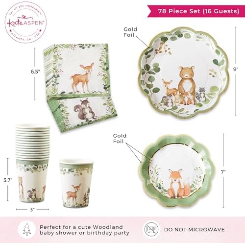Kate Aspen Woodland Baby Shower Decorations - 78-Piece Baby Shower Plates and Napkins Set with Cups for 16 Guests - Gender Reveal Decorations Forest Animal Theme Party Supplies and Table Decor - Image 6