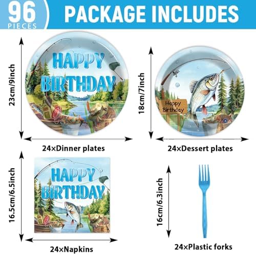 96Pcs Gone Fishing Party Plates Napkins Ofishally Birthday Supplies Fishing Birthday Paper Dessert Cake Plates Tropical Fish Tableware Sets for Kids Boys 24 Guests Birthday Party Decorations - Image 2