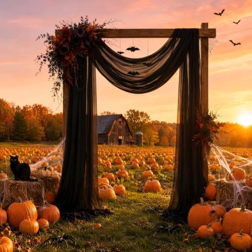 Black Wedding Arch Draping Fabric Sheer Curtain Drapes 2 Panels | 20 ft Halloween Extra Long Shimmery Backdrop Curtains for Wedding Anniversary Party Summer Outdoor Events Drapery Backgrounds - Image 3