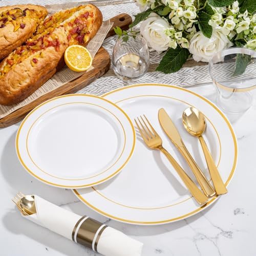 WELLIFE 350Pcs Gold Plastic Plates for 50 Guests - Plastic Dinnerware Set, Includes 100 Party Plates,150 Gold Silverware Disposable,50 Napkins,50 Cups,Disposable Plates for Party and Wedding - Image 4