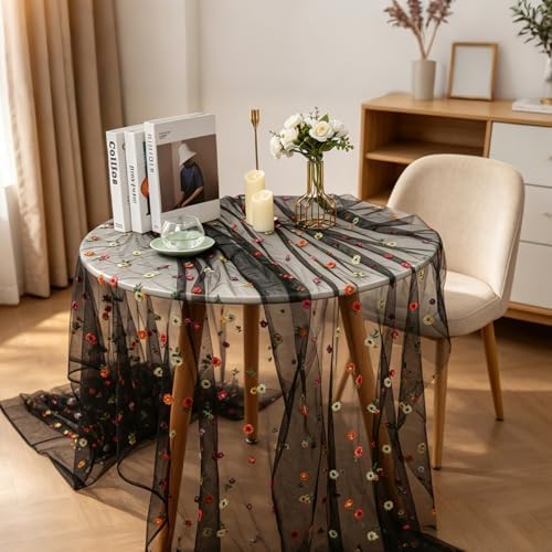BINBE 6pcs Black Daisy Spring Table Runner Embroidery Gauze 10FT Florals Seasonal Tulle Holiday Birthday Kitchen Dining Table Decor for Home Party - Image 5