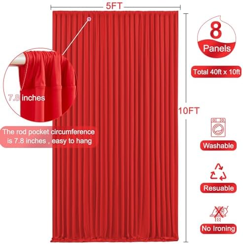 8 Panels Red Backdrop Curtain for Parties Wedding Wrinkle Free Red Photo Curtains Backdrop Drapes Fabric Decoration for Christmas Birthday Party Baby Shower 40ft(W) x 10ft(H) - Image 5