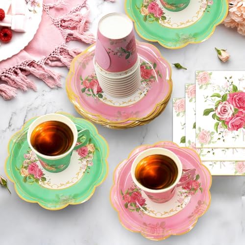 200Pcs Floral Tea Cups and Saucers for Tea Party Supplies, Disposable Tea Cups with Handle and Paper Napkins Dinnerware for Floral Theme Birthday Wedding Bridal Shower Baby Shower（Pink Green） - Image 7