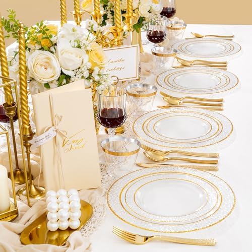 Ciaell 150PCS Clear Gold Plastic Plates - Disposable Gold Rim Plates include 25Dinner Plate, 25Dessert Plate, 25Forks, 25Knives, 25Spoons, 25Cups for Wedding & Party - Image 6