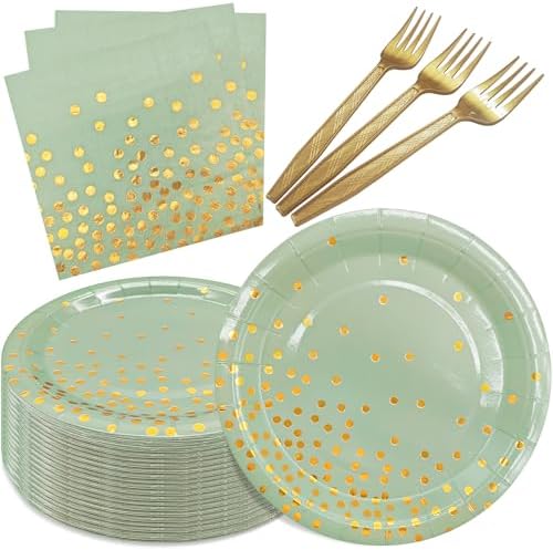 Serve 35 Guests Sage Green and Gold Paper Plates and Napkins Party Supplies by WXLDGHQ