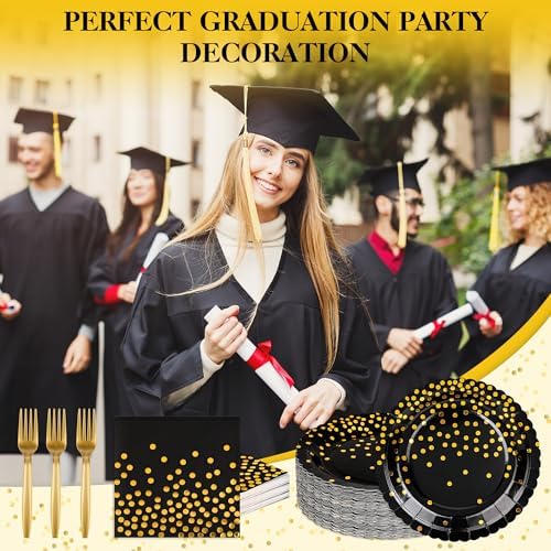 90 Pcs Black and Gold Plates and Napkins Party Supplies, Scalloped Gold Polka Dots Tableware Set Include Black Gold Dot Cake Dessert Plates, Napkin, Fork for Wedding, Retirement, Birthday, New Year - Image 7