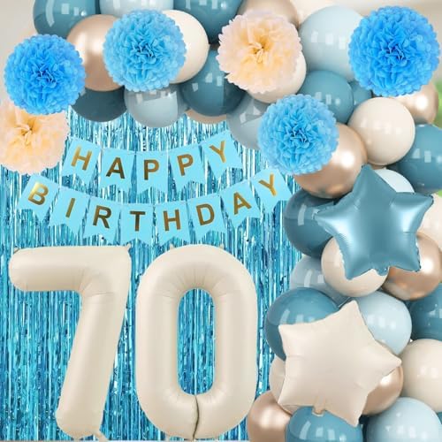 Dusty Blue 70th Birthday Party Decorations Men Beige Number 70 Balloon - Image 5