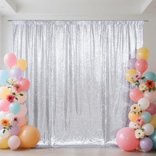 SquarePie 5x7ft Silver Sequin Backdrop, High Density Non-Transparent Glitter Curtain for Photography, Birthday, Wedding Party Decorations, Thick Solid Background with 4" Rod Pocket, 1 Panel by SquarePie