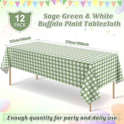 12Pack Sage Green Plastic Checkered Tablecloth, Premium Decorative Disposable Sage Green Gingham Plaid Table Cloths for Parties, Rectangle Party Table Cover for Picnic Birthday Wedding, 54x108 Inch - Image 2
