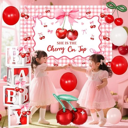 Cherry on Top Baby Shower Decorations for Girl - Red Pink Party Supplies Include Balloon Garland Arch, Backdrop, Tablecloth, 4 Boxes, Foil Balloons - She is the Cherry On Top Decor Gingham Check - Image 3