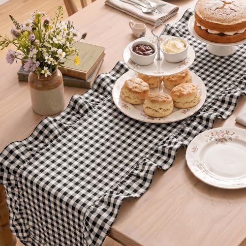 Artoid Mode Black Farmhouse Plaid Gingham Ruffle Table Runner, Seasonal Scalloped Retro Kitchen Dining Table Decoration for Home Party Decor 13x72 Inch - Image 4