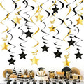 Black Gold Hanging Swirl Decorations - 32 Pcs Metallic Ceiling Swirls with Foil Stars, Plastic Streamers for Graduation 2026, Birthday, Wedding, New Year's Eve, Engagement Party Supplies by PARTVON