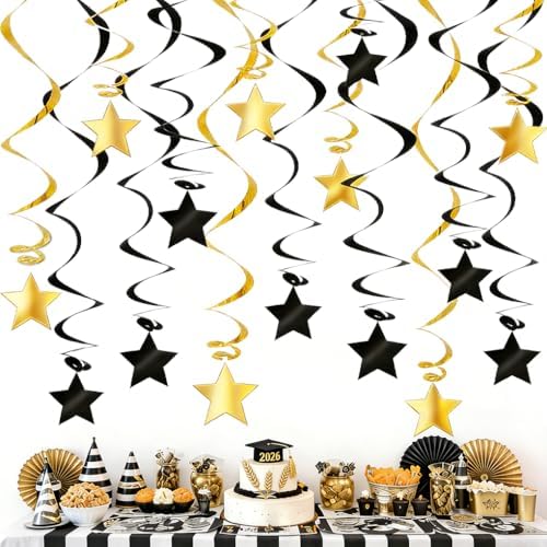 Black Gold Hanging Swirl Decorations - 32 Pcs Metallic Ceiling Swirls with Foil Stars, Plastic Streamers for Graduation 2026, Birthday, Wedding, New Year's Eve, Engagement Party Supplies by PARTVON