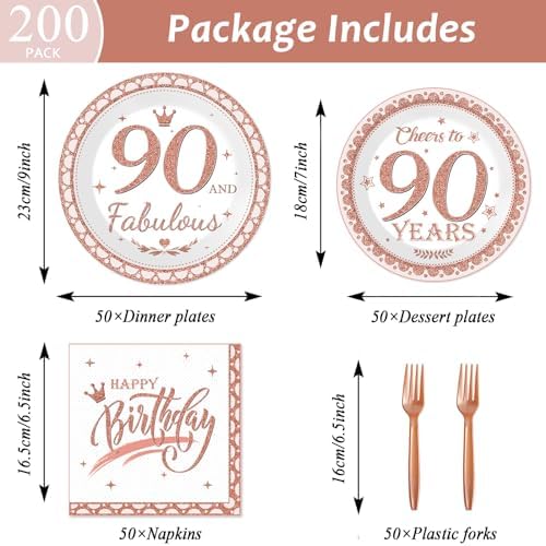 50 Guests 90th Birthday Decorations for Women, Rose Gold 90th Birthday Plates and Napkins Party Supplies 90th Year Fabulous Birthday Disposable Paper Tableware Cheers to 90 Years Dinnerware 200PCS - Image 2