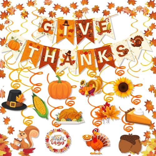 Thanksgiving and Friendsgiving Party Decorations Set, Autumn Fall Harvest Decor Supplies with Festive Banners, Hanging Swirls and Seasonal Ornaments for Home Celebration by Jenlion