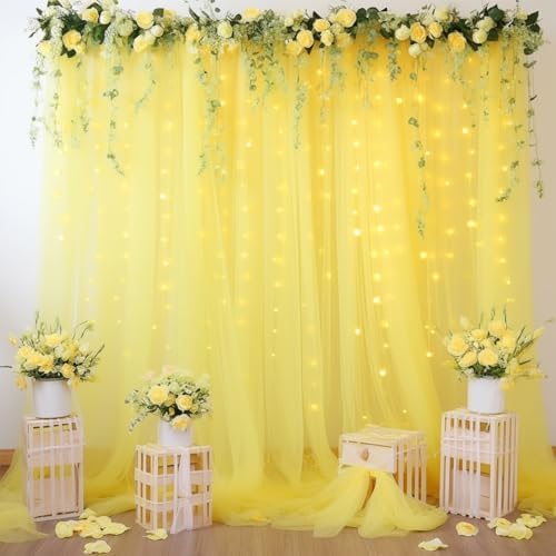 20×10ft Yellow Tulle Backdrop Curtain with Lights String for Parties, Sheer Photo Backdrop Curtains for Wedding Party Photography Background - Image 2
