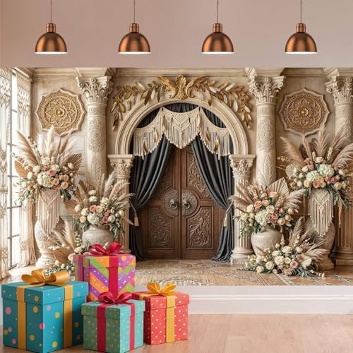 7X7ft Boho Floral Wedding Backdrop Retro Palace Elegant Flowers Background Photography Luxurious Wedding Bridal Shower Party Banner Photo Booth Props Anniversary Backdops - Image 5